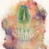 Watercolor painting of teeth emerging through washes of color.