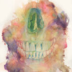 Watercolor painting of teeth emerging through washes of color.