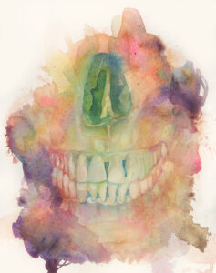 Watercolor painting of teeth emerging through washes of color.