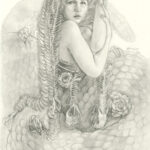 A gorgon with snakes skeletons as hair looking shy at us.