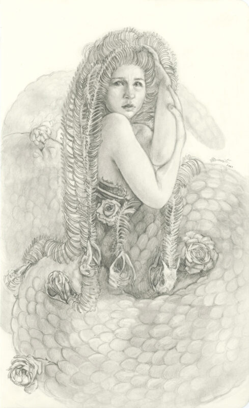 A gorgon with snakes skeletons as hair looking shy at us.