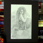 Graphite piece of a gorgon with snakes skeletons as hair.