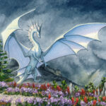 A white dragon alights on a hilltop covered in purple and red flowers. The sky is dark and rainy, some sunlight reaches the mountain in the background. The dragon is white, the sun pierces the clouds to light it as it spreads its wings to land in the flowers.