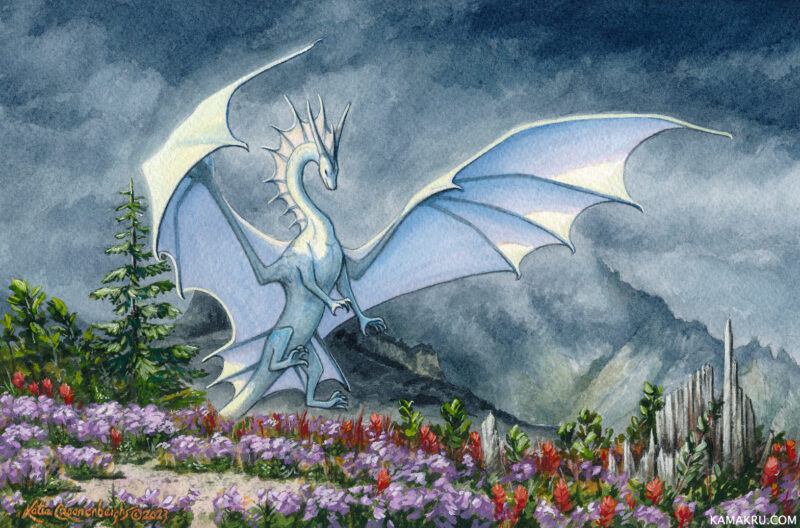 A white dragon alights on a hilltop covered in purple and red flowers. The sky is dark and rainy, some sunlight reaches the mountain in the background. The dragon is white, the sun pierces the clouds to light it as it spreads its wings to land in the flowers.