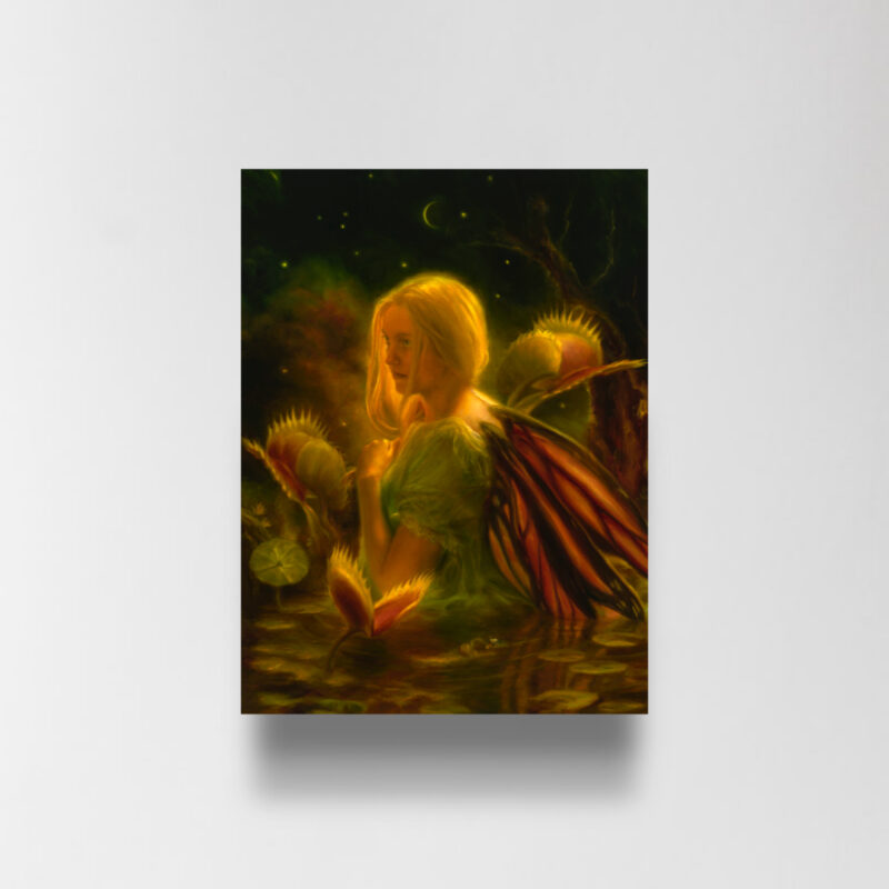 An image of an oil painting of a small fairy wading through a marsh surrounded by Venus fly traps. She is looking over her shoulder, glowing.