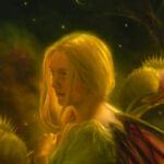 A close up of an oil painting of a small fairy wading through a marsh surrounded by Venus fly traps. She is looking over her shoulder, glowing. This image zooms in on her face.