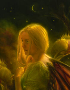 A close up of an oil painting of a small fairy wading through a marsh surrounded by Venus fly traps. She is looking over her shoulder, glowing. This image zooms in on her face.