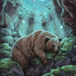 Ink and watercolor illustration of a brown bear sleeping peacefully inside a cave with a crescent moon and stars overhead.