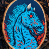 A painting on a wood slice featuring Blucifer, the blue demon mustang statue that is outside of the Denver Airport. He has red fire-y flames of hell on either side of him.