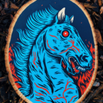 A painting on a wood slice featuring Blucifer, the blue demon mustang statue that is outside of the Denver Airport. He has red fire-y flames of hell on either side of him.