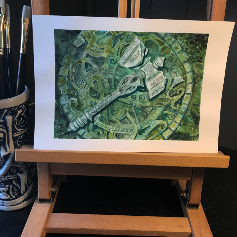 original watercolor painting of a long forgotten battle hammer left on a stone medallion in a mossy forest