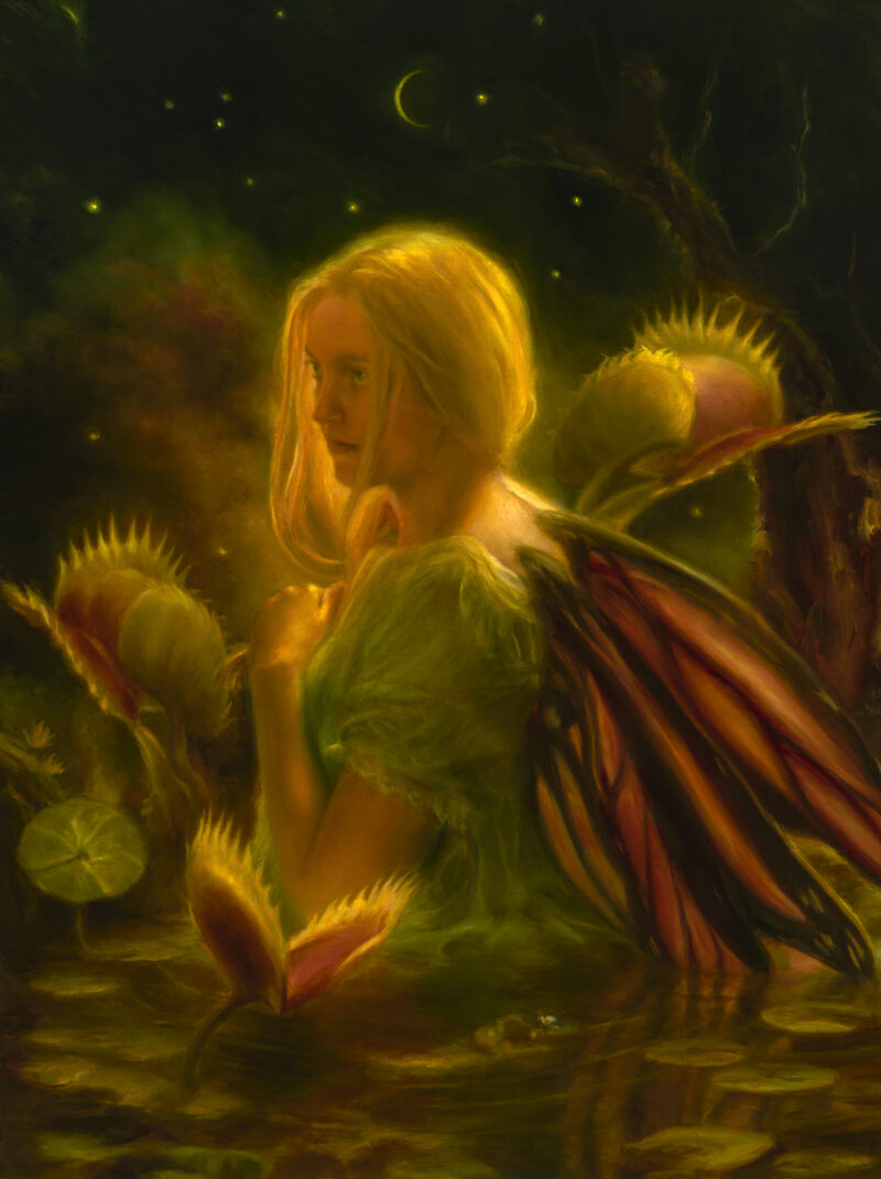 An oil painting of a small fairy wading through a marsh surrounded by Venus fly traps. She is looking over her shoulder, glowing.