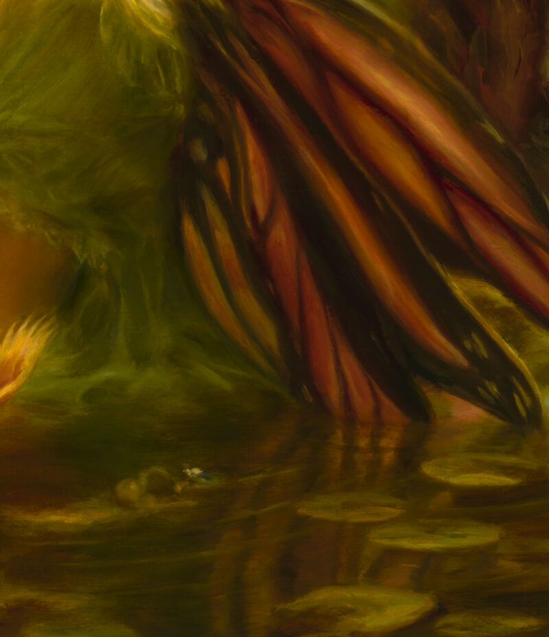 A close up of an oil painting of a small fairy wading through a marsh surrounded by Venus fly traps. She is looking over her shoulder, glowing. This image zooms in on her wings, and their reflection in the water.