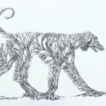 ink drawing of an afghan hound silhouette made of a bunch of trees in a forest