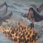 A photo of an oil painting of a lady with a hooded cape kneeling on top of a big statue of a feathered snake with Aztec inspiration. Inside the statue there are dark color eggs resting on a heatsource. 2 dragons fly above on the top left corner. The human figure is lovingly extending her hand to hold a baby dragon just coming out of an egg. Next to her, flying, is another baby dragon looking at the scene.