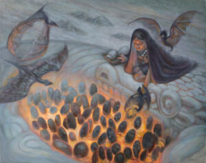 A photo of an oil painting of a lady with a hooded cape kneeling on top of a big statue of a feathered snake with Aztec inspiration. Inside the statue there are dark color eggs resting on a heatsource. 2 dragons fly above on the top left corner. The human figure is lovingly extending her hand to hold a baby dragon just coming out of an egg. Next to her, flying, is another baby dragon looking at the scene.