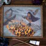 A photo of an oil painting of a lady with a hooded cape kneeling on top of a big statue of a feathered snake with Aztec inspiration. Inside the statue there are dark color eggs resting on a heatsource. 2 dragons fly above on the top left corner. The human figure is lovingly extending her hand to hold a baby dragon just coming out of an egg. Next to her, flying, is another baby dragon looking at the scene.