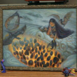 A photo of an oil painting of a lady with a hooded cape kneeling on top of a big statue of a feathered snake with Aztec inspiration. Inside the statue there are dark color eggs resting on a heatsource. 2 dragons fly above on the top left corner. The human figure is lovingly extending her hand to hold a baby dragon just coming out of an egg. Next to her, flying, is another baby dragon looking at the scene.