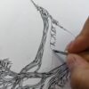 process photo of ink drawing of an afghan hound silhouette made of a bunch of trees in a forest