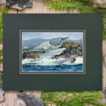 A white dragon lounges on lichen covered rocks. The waves of the ocean splash and spray the dragon from below as white foam rolls over the half submerged rocks. Photo shows the artwork within it's matting, a dark gray inner mat and a muted dark green top mat. Rocks, cedar branches and wood sit on the table surrounding the artwork decoratively