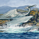 A white dragon lounges on lichen covered rocks. The waves of the ocean splash and spray the dragon from below as white foam rolls over the half submerged rocks. Image is artwork only, the watermark on the bottom left will not appear on the original.