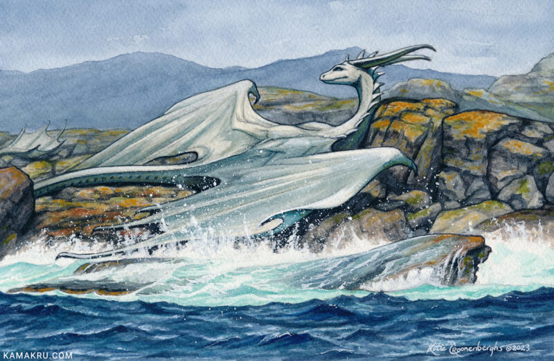 A white dragon lounges on lichen covered rocks. The waves of the ocean splash and spray the dragon from below as white foam rolls over the half submerged rocks. Image is artwork only, the watermark on the bottom left will not appear on the original.