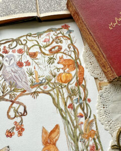 Watercolour painting of Autumn scene with fox, pumpkins, mice, owl and all things fall and magical.