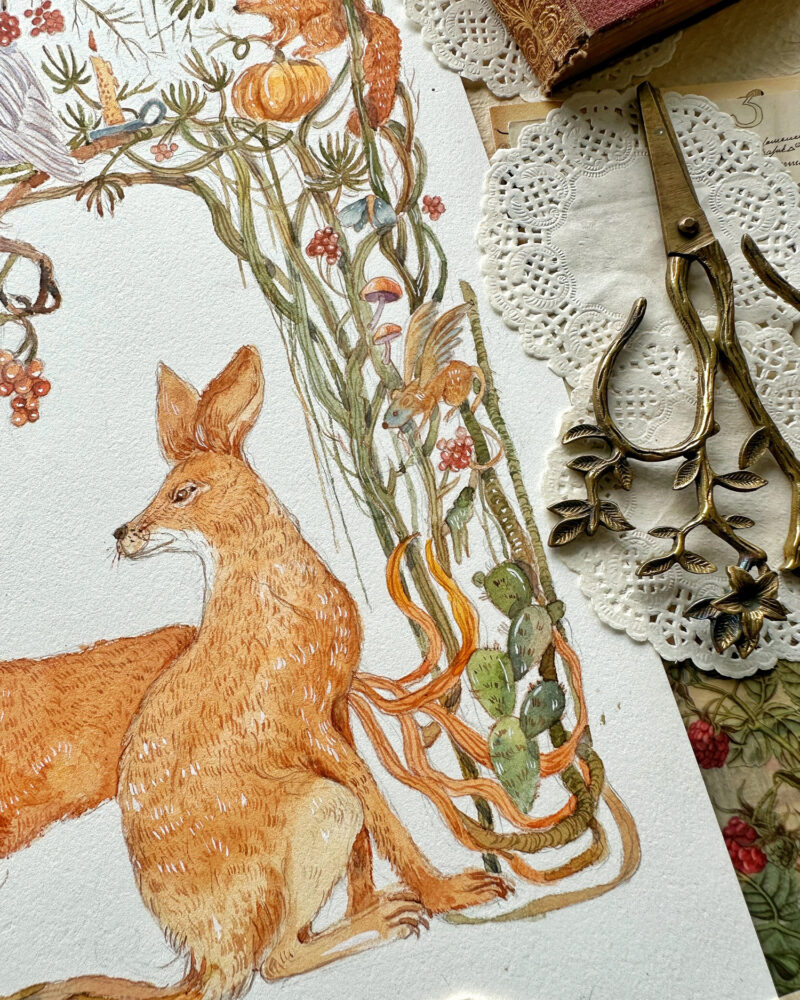 Watercolour painting of Autumn scene with fox, pumpkins, mice, owl and all things fall and magical.