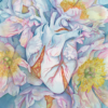 A watercolor painting of a blue heart is tangled within a cluster of blue peonies.