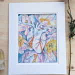 A watercolor painting of a blue heart is tangled within a cluster of blue peonies.