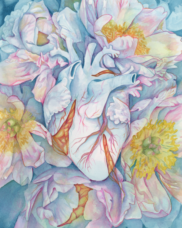 A watercolor painting of a blue heart is tangled within a cluster of blue peonies.