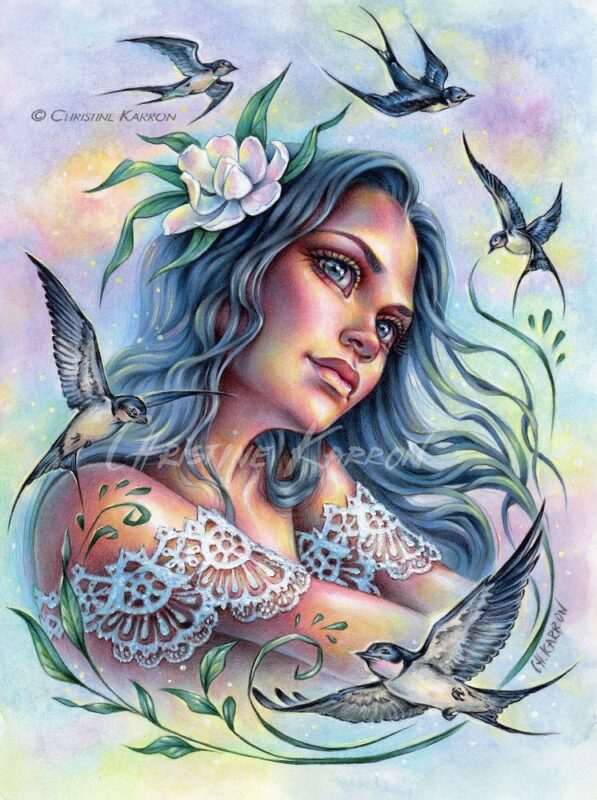 Gone With The Swallows by Christine Karron watercolor colored pencils illustration