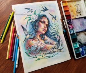 Gone With The Swallows by Christine Karron watercolor colored pencils illustration