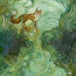 Watercolor of a red fox standing on green twisting roots. There is an opening between them like a pathway.
