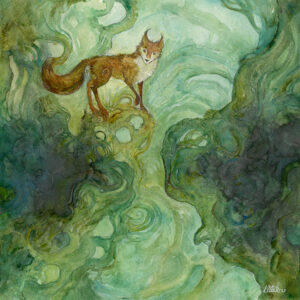 Watercolor of a red fox standing on green twisting roots. There is an opening between them like a pathway.