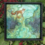 Watercolor painting of a red fox standing on green roots. The art is set on flower background.