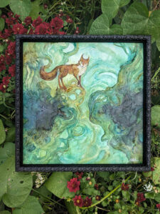 Watercolor painting of a red fox standing on green roots. The art is set on flower background.