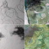 Four images, one of pencil line work of the fox, then graphite powder added, then watercolor.