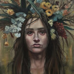 woman in floral headdress in autumn colors: gold, olive, red, brown