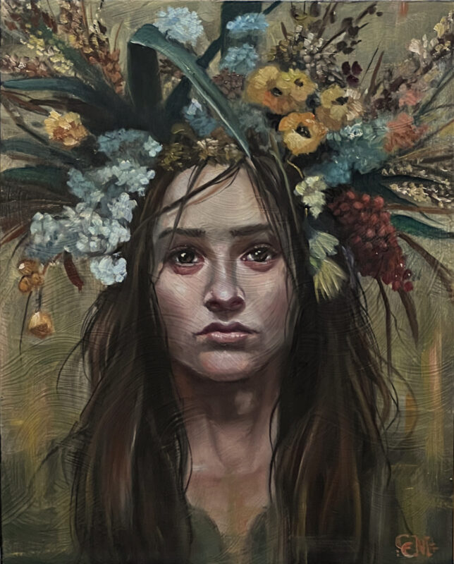 woman in floral headdress in autumn colors: gold, olive, red, brown