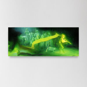 A glowing, green and yellow oil painting featuring a parade of spirits marching through the marsh. This image illustrates the painting on a wall, from afar.