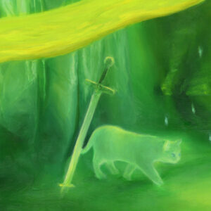 A glowing, green and yellow oil painting featuring a parade of spirits marching through the marsh. This image focuses on a detail of a luminous cat and sword placed next to each other.