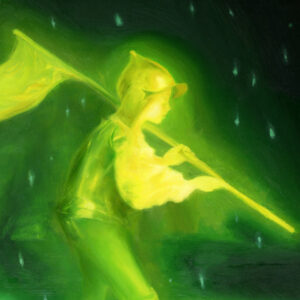 A glowing, green and yellow oil painting featuring a parade of spirits marching through the marsh. This image focuses on a detail of the main figure, a young knight carrying a giant yellow flag.