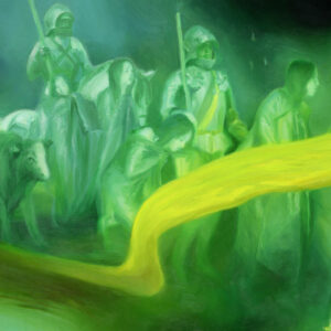 A glowing, green and yellow oil painting featuring a parade of spirits marching through the marsh. This image focuses on a detail of the crowd of spirits following behind a yellow flag, taking on different poses throughout the line, and including 2 knights, 4 women, and a single cow.