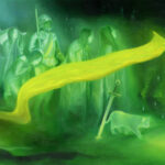 A glowing, green and yellow oil painting featuring a parade of spirits marching through the marsh.