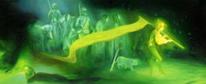 A glowing, green and yellow oil painting featuring a parade of spirits marching through the marsh.