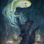 Black cat batting at ghost during a seance.