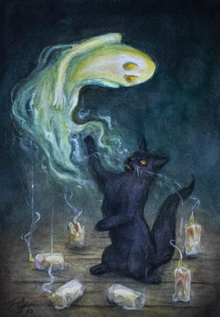 Black cat batting at ghost during a seance.