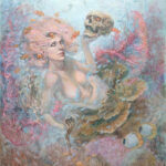 A coral fairy with very pale skin, pink anemone hair is holding a human skull in her lifted left arm. Se interlaces fingers with skeleton's hand with the right hand. Her body is connected to the reef by her lower torso. Red coral comes out of her back as wings extended and expanding through the background.