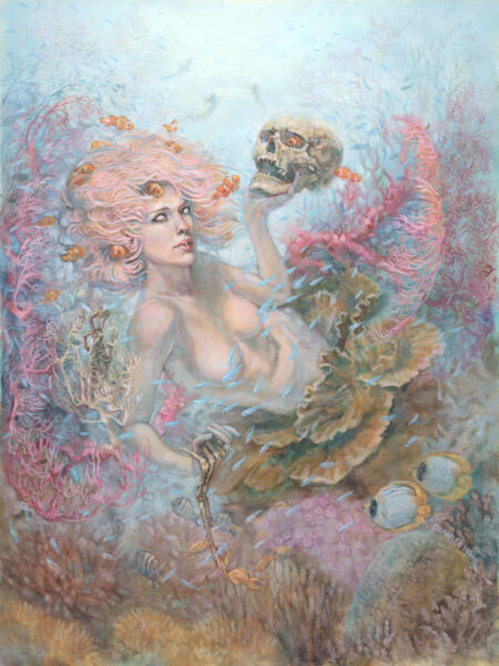 A coral fairy with very pale skin, pink anemone hair is holding a human skull in her lifted left arm. Se interlaces fingers with skeleton's hand with the right hand. Her body is connected to the reef by her lower torso. Red coral comes out of her back as wings extended and expanding through the background.